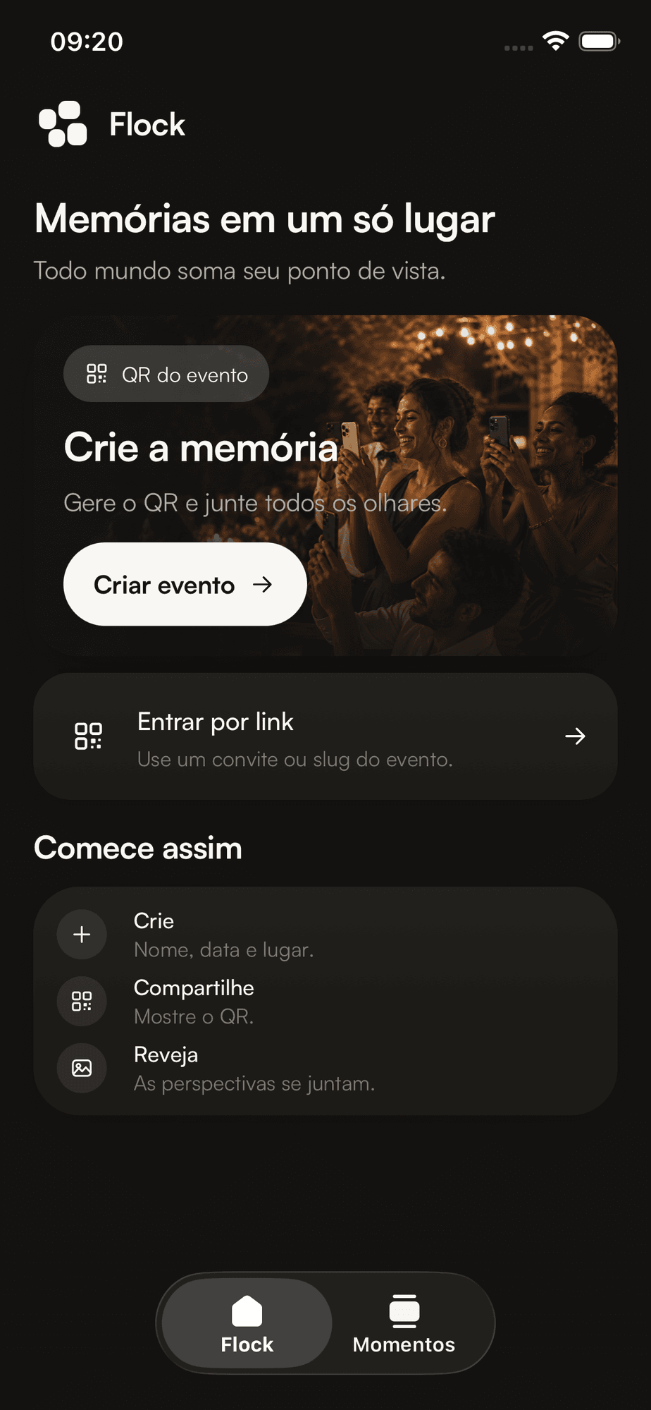 Tela inicial do Flock com card Criar evento e cards de eventos recentes