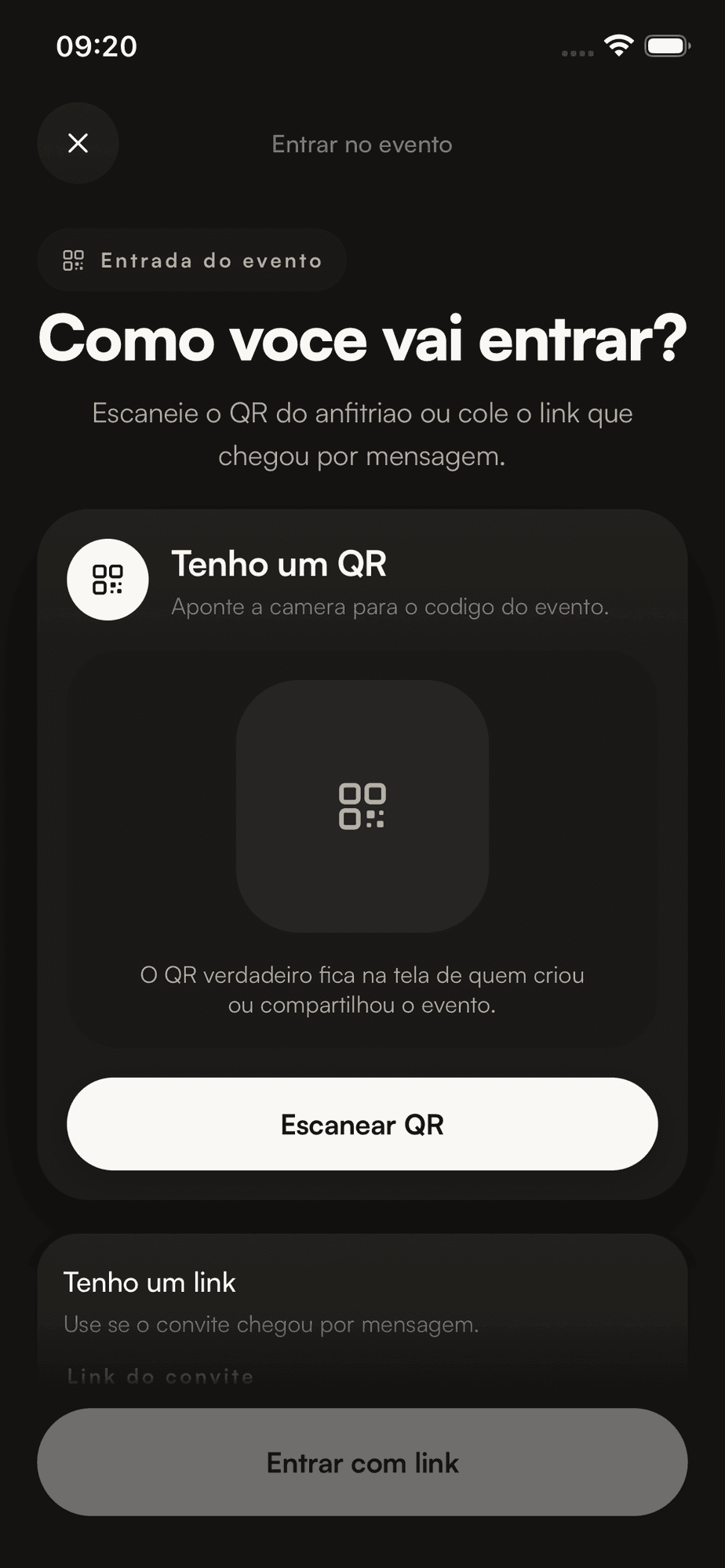 Tela do Flock perguntando como o convidado vai entrar, com opções QR e link
